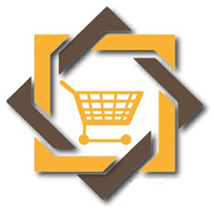 Shopping cart logo with geometric design in yellow and brown.