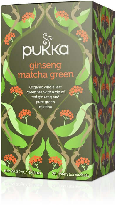 Box of Pukka Ginseng Matcha Green tea with 20 tea bags, featuring organic matcha, ginseng, and red ginseng root on the packaging.
