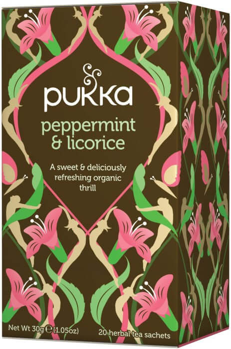 Box of Pukka Peppermint & Licorice tea bags with floral design
