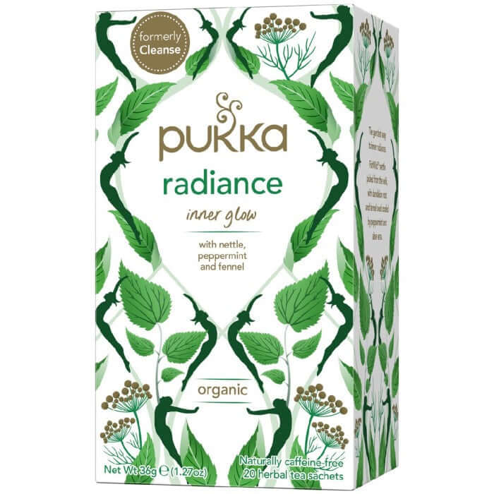 Box of Pukka Radiance herbal tea with illustrations of nettle, peppermint, dandelion, and aloe vera on the packaging.
