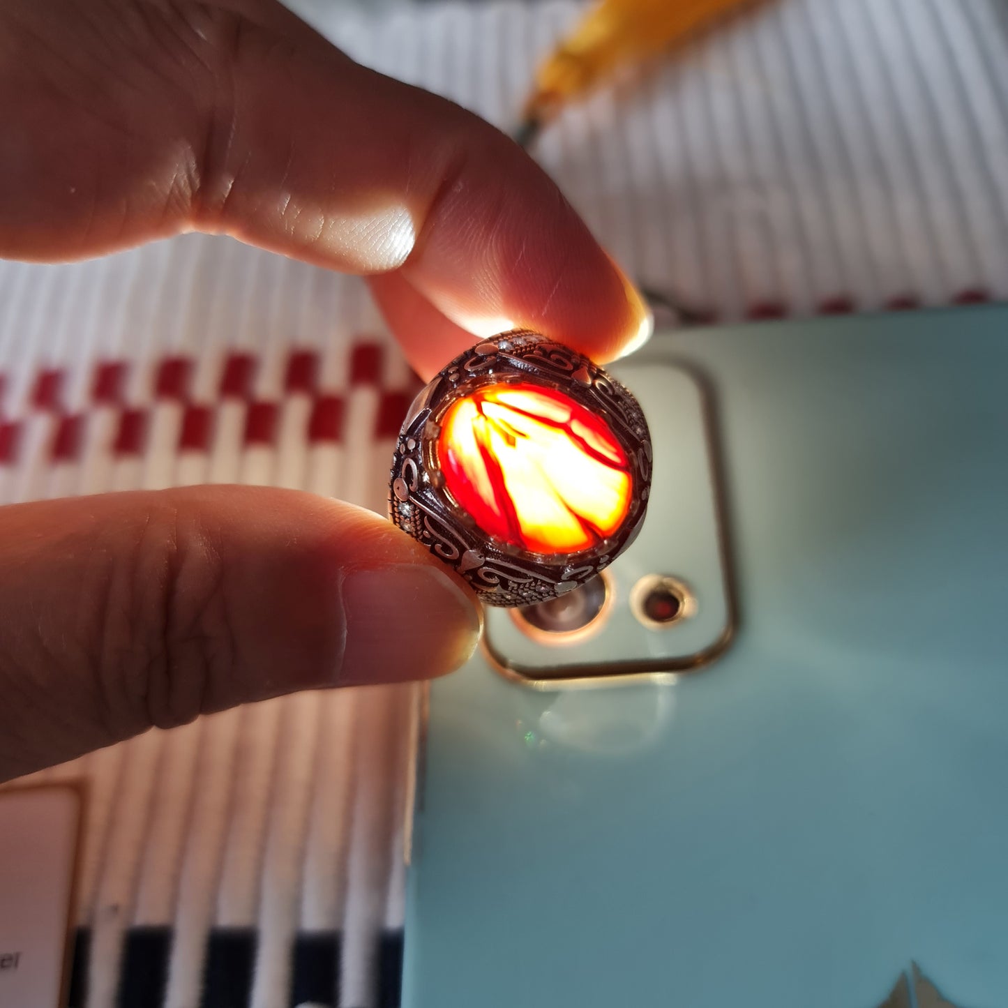 Yemeni Rare Genuine Agate 925 Silver Men's Ring MFAR0365