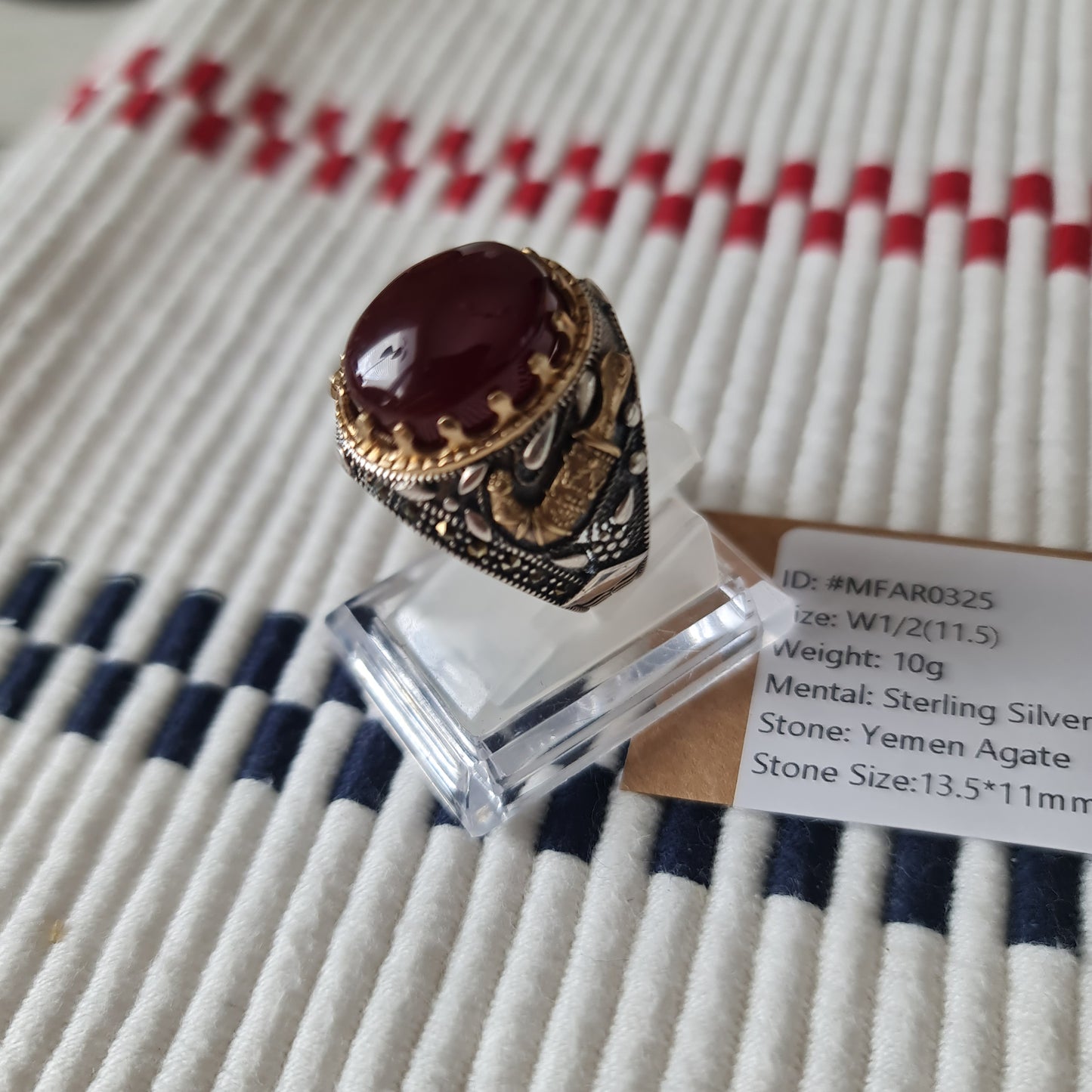 Yemeni Rare Genuine Agate 925 Silver Men's Ring MFAR0325