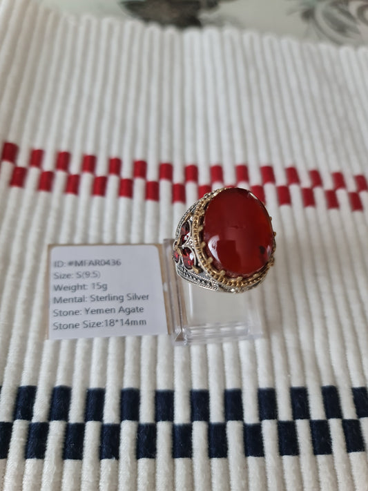 Yemeni Rare Genuine Agate 925 Silver Men's Ring MFAR0436