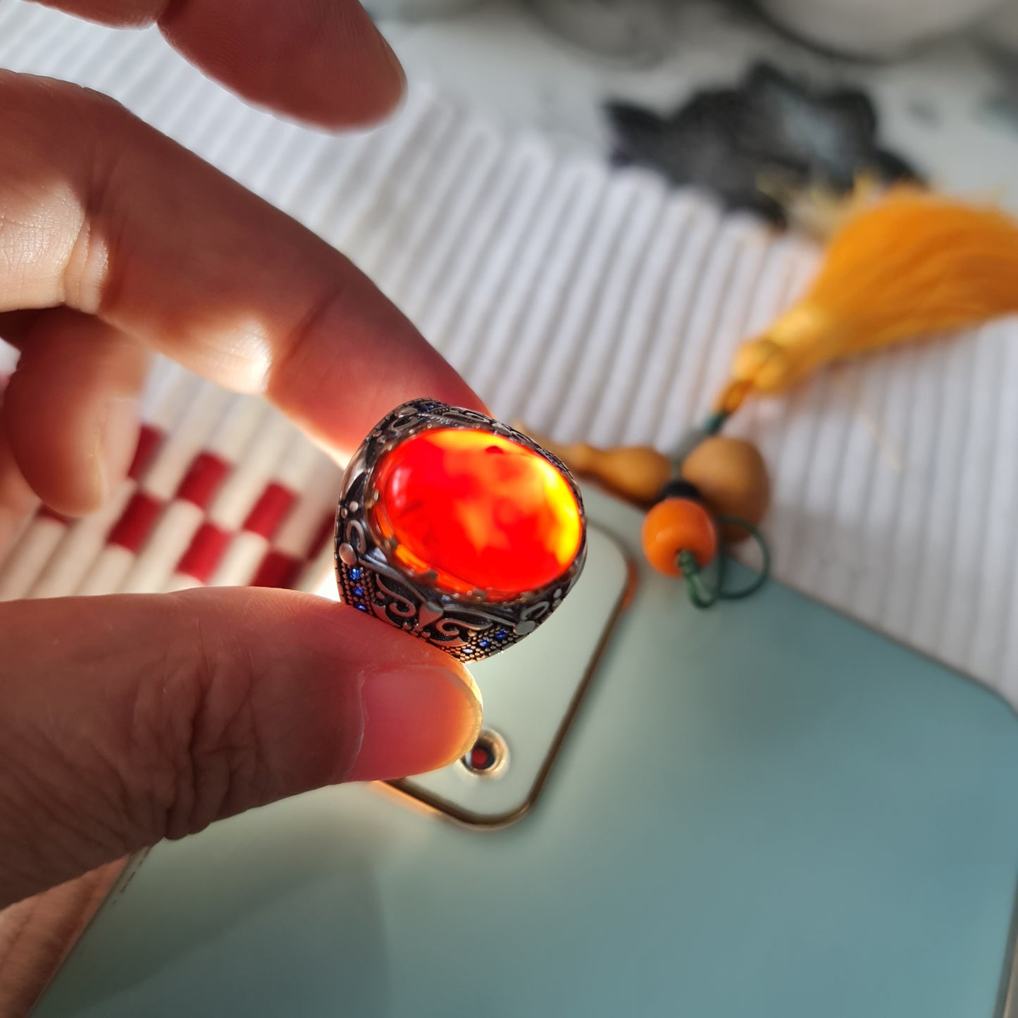 Yemeni Rare Genuine Agate 925 Silver Men's Ring MFAR0399