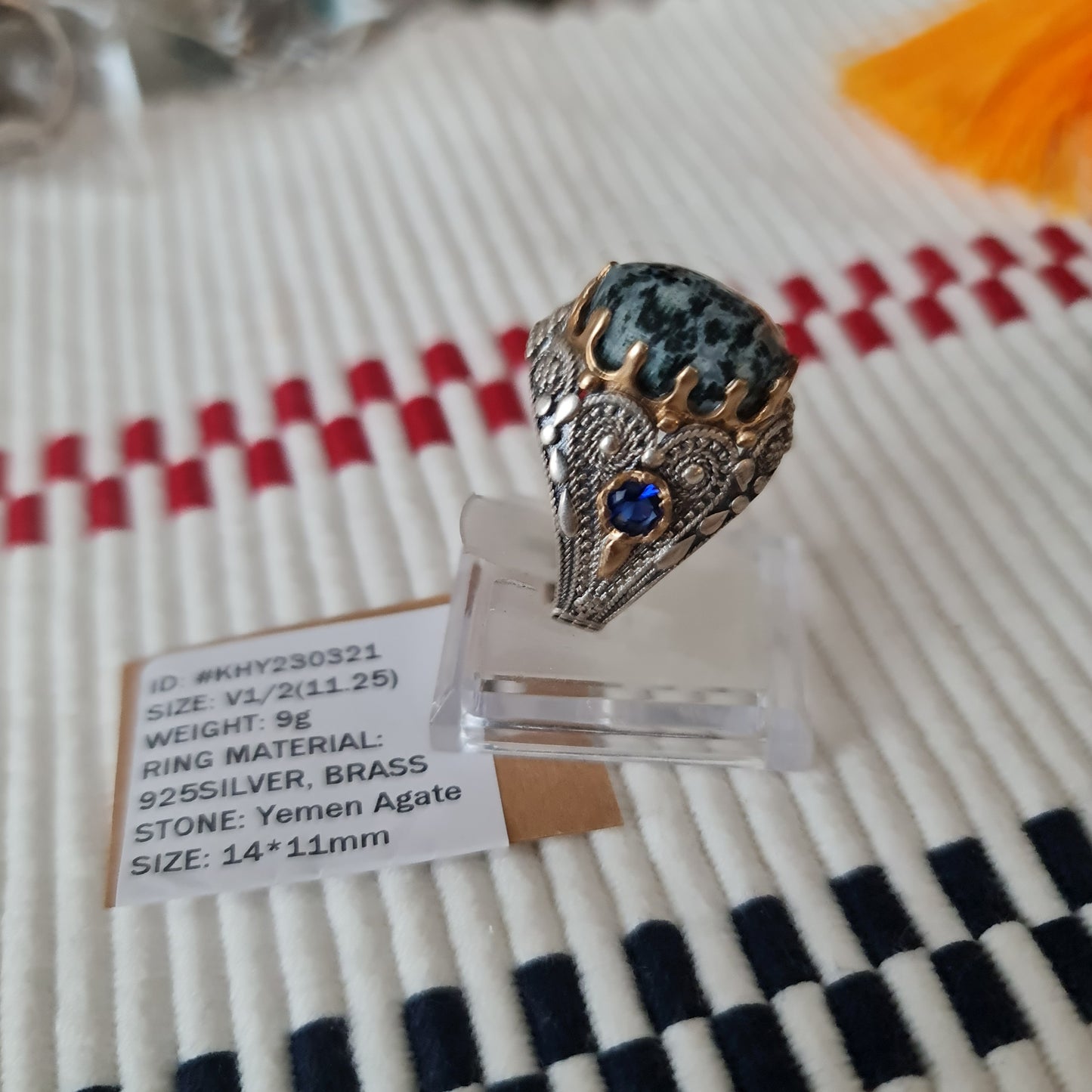 Anillo de plata 925 yemení de ágata auténtica, raro para hombre, KHY230321