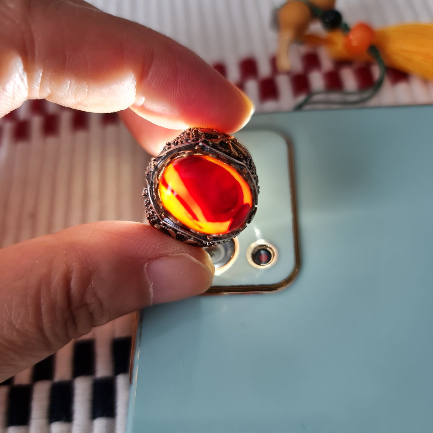 Yemeni Rare Genuine Agate 925 Silver Men's Ring MFAR0352