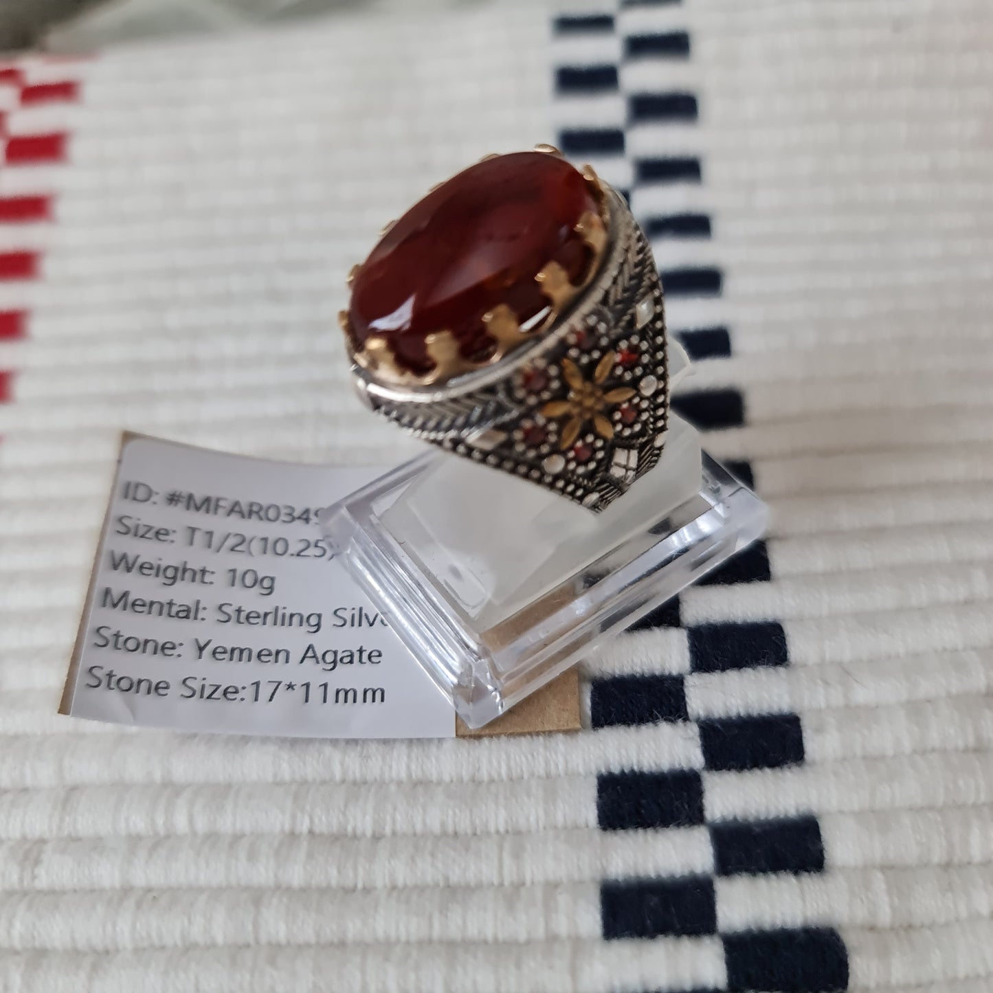 Yemeni Rare Genuine Agate 925 Silver Men's Ring MFAR0349