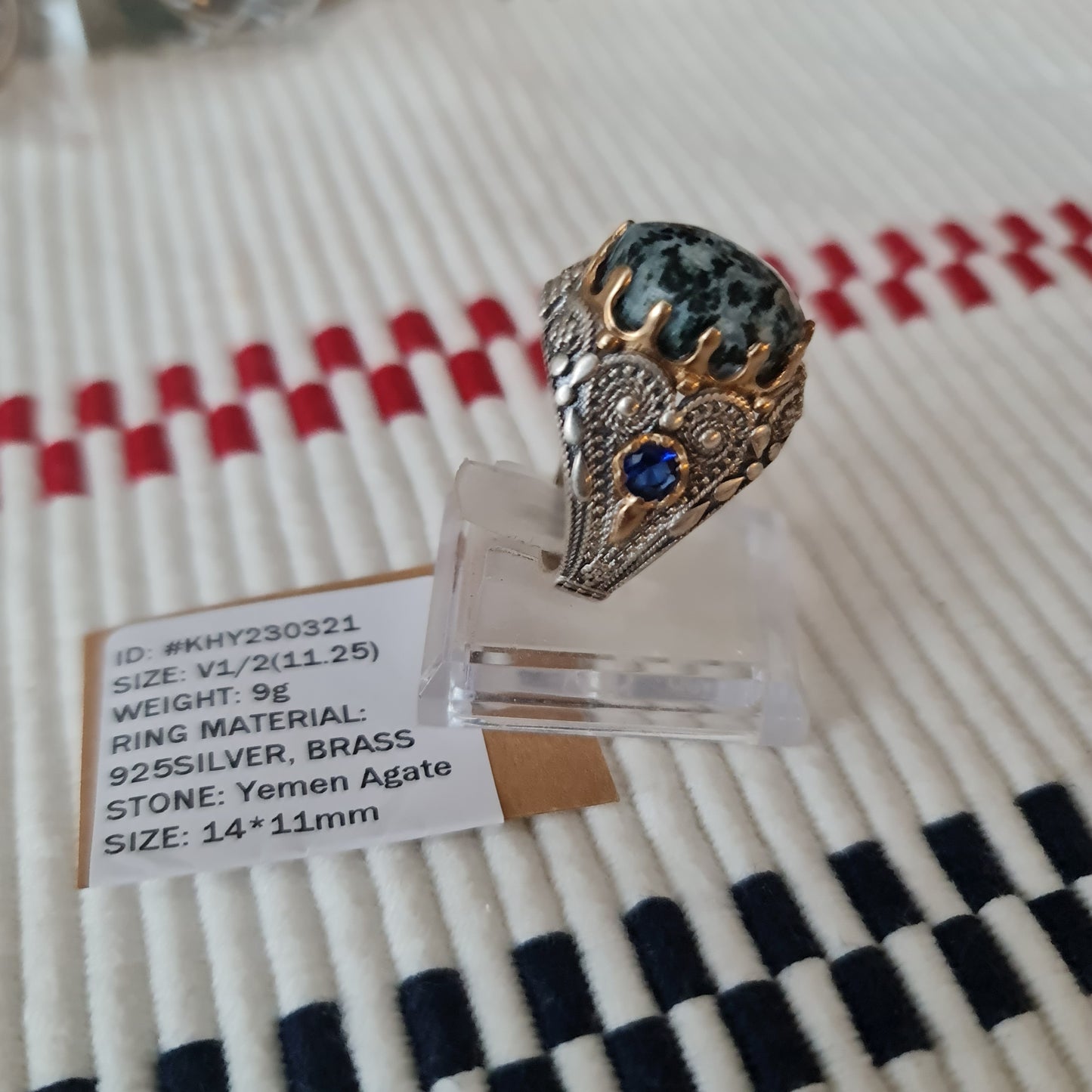 Anillo de plata 925 yemení de ágata auténtica, raro para hombre, KHY230321