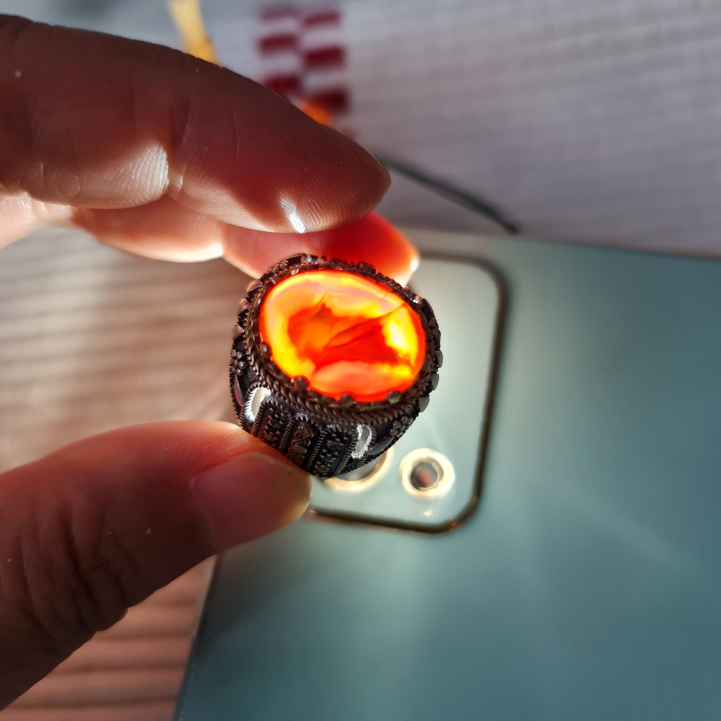 Yemeni Rare Genuine Agate 925 Silver Men's Ring MFAR0396