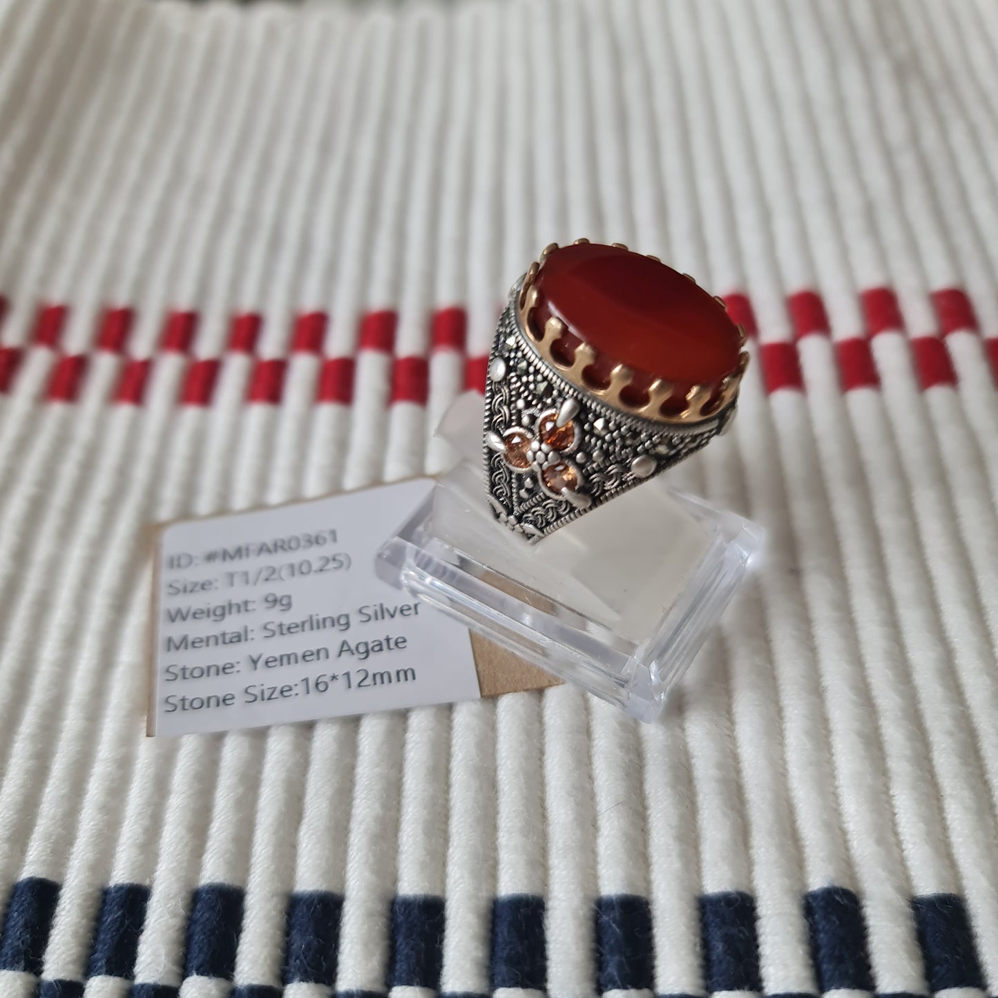 Yemeni Rare Genuine Agate 925 Silver Men's Ring MFAR0361