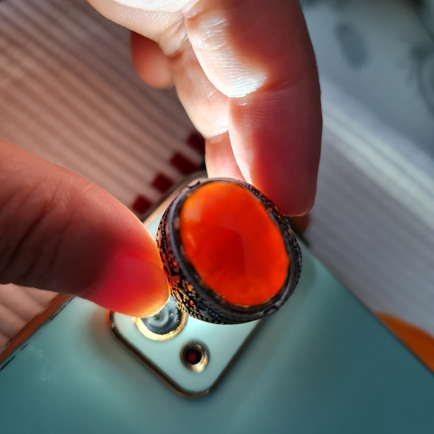 Yemeni Rare Genuine Agate 925 Silver Men's Ring MFAR0359
