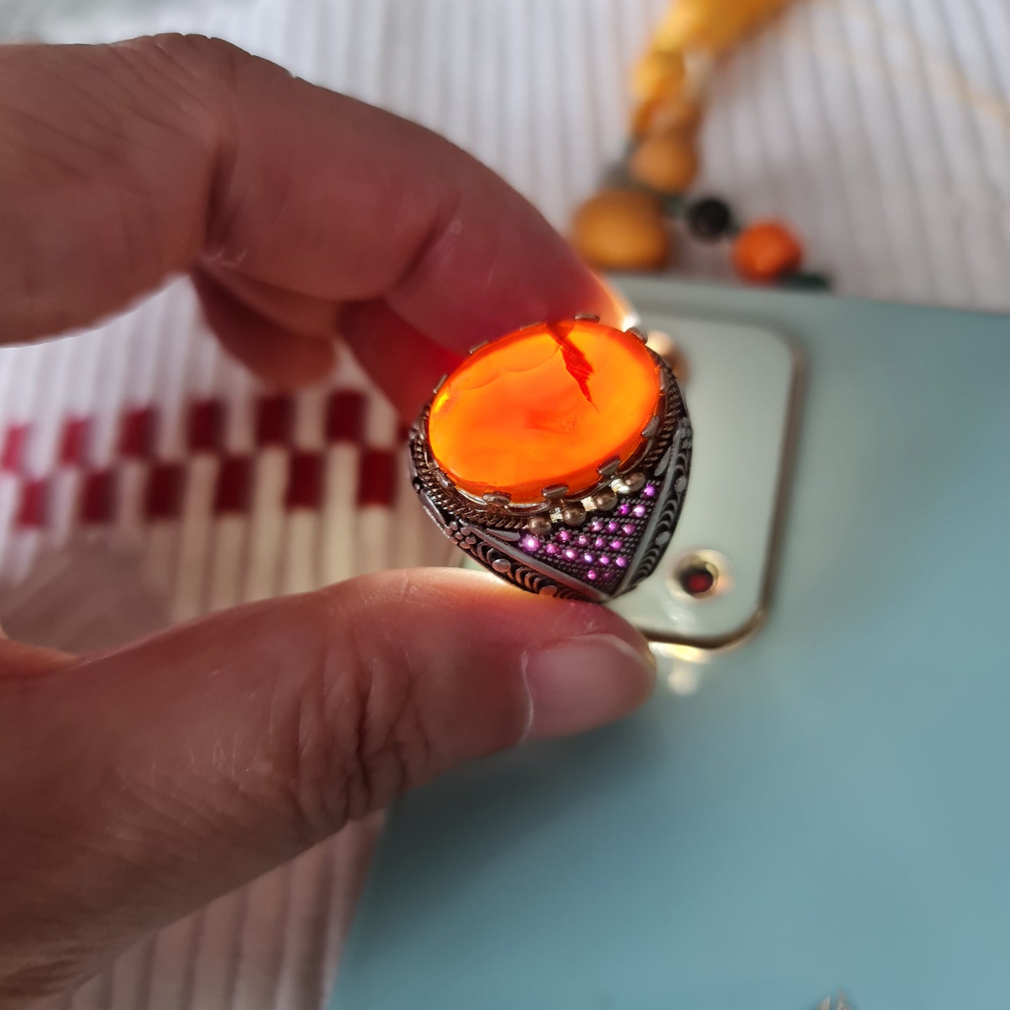 Yemeni Rare Genuine Agate 925 Silver Men's Ring MFAR0372