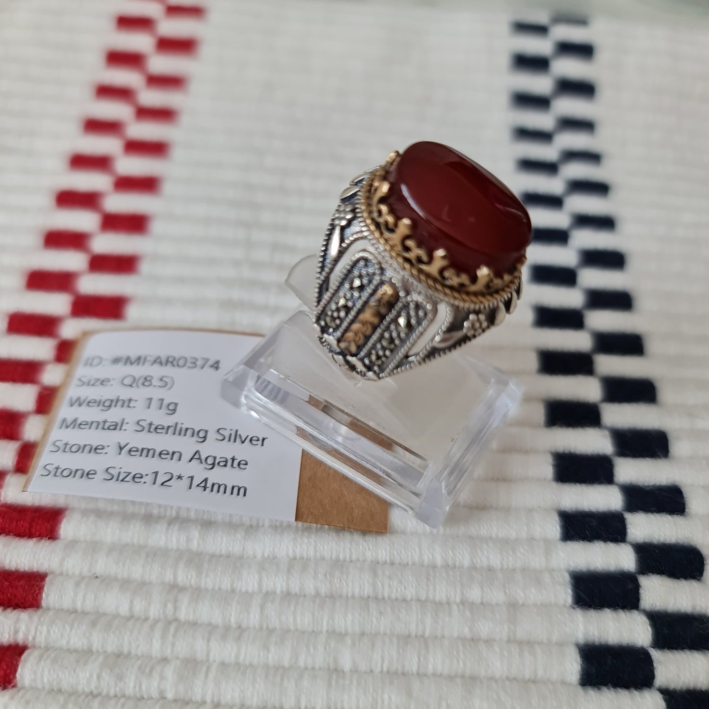 Yemeni Rare Genuine Agate 925 Silver Men's Ring MFAR0374