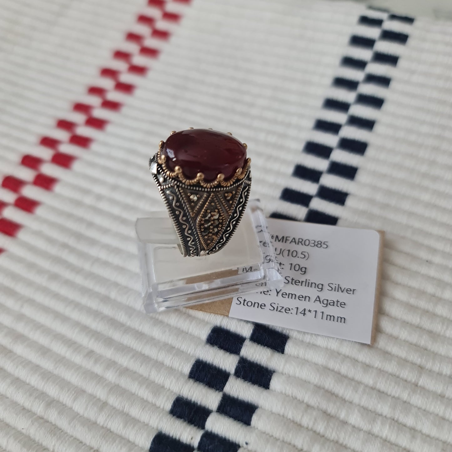 Yemeni Rare Genuine Agate 925 Silver Men's Ring MFAR0385