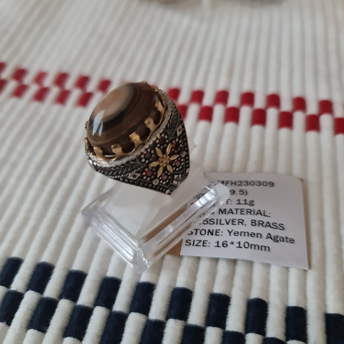Yemeni Rare Genuine Agate 925 Silver Men's Ring MFH230309
