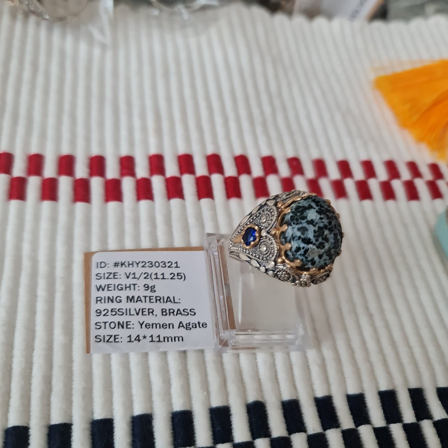 Anillo de plata 925 yemení de ágata auténtica, raro para hombre, KHY230321