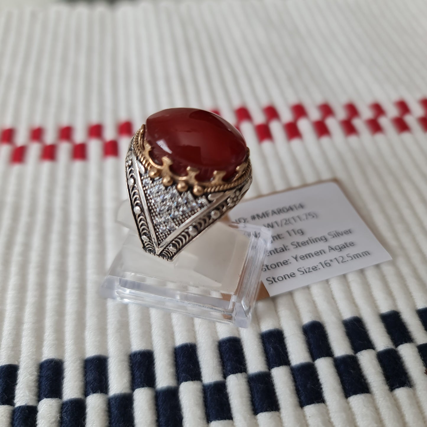 Yemeni Rare Genuine Agate 925 Silver Men's Ring MFAR0414