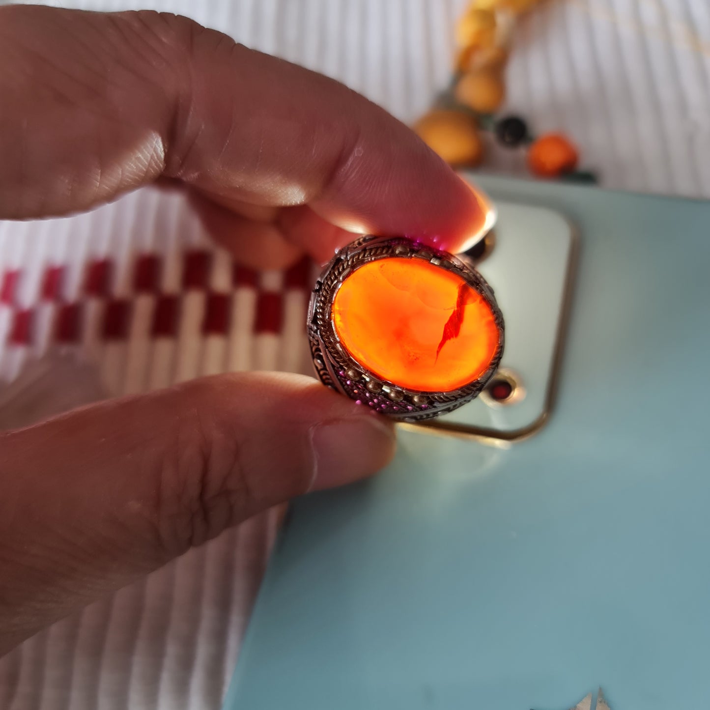 Yemeni Rare Genuine Agate 925 Silver Men's Ring MFAR0372