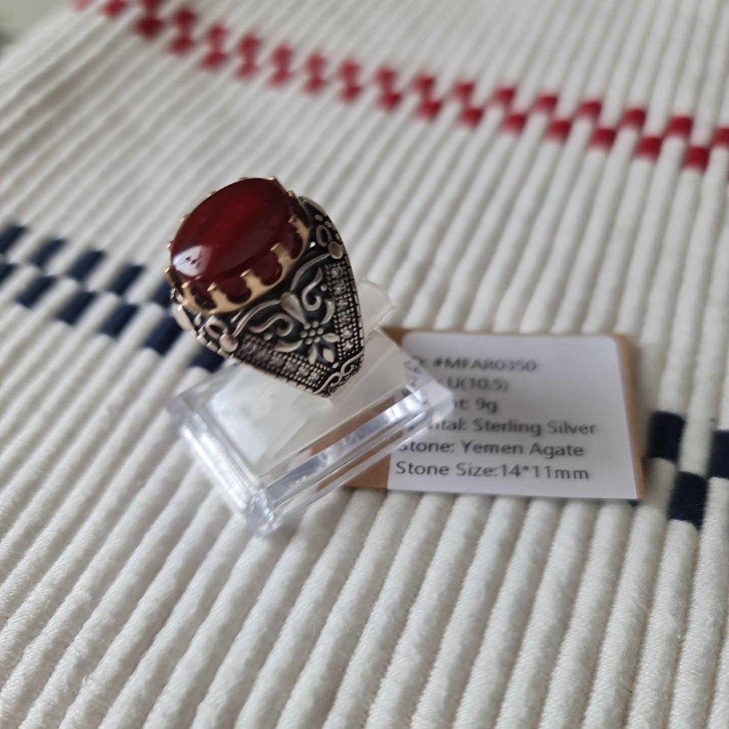 Yemeni Rare Genuine Agate 925 Silver Men's Ring MFAR0350
