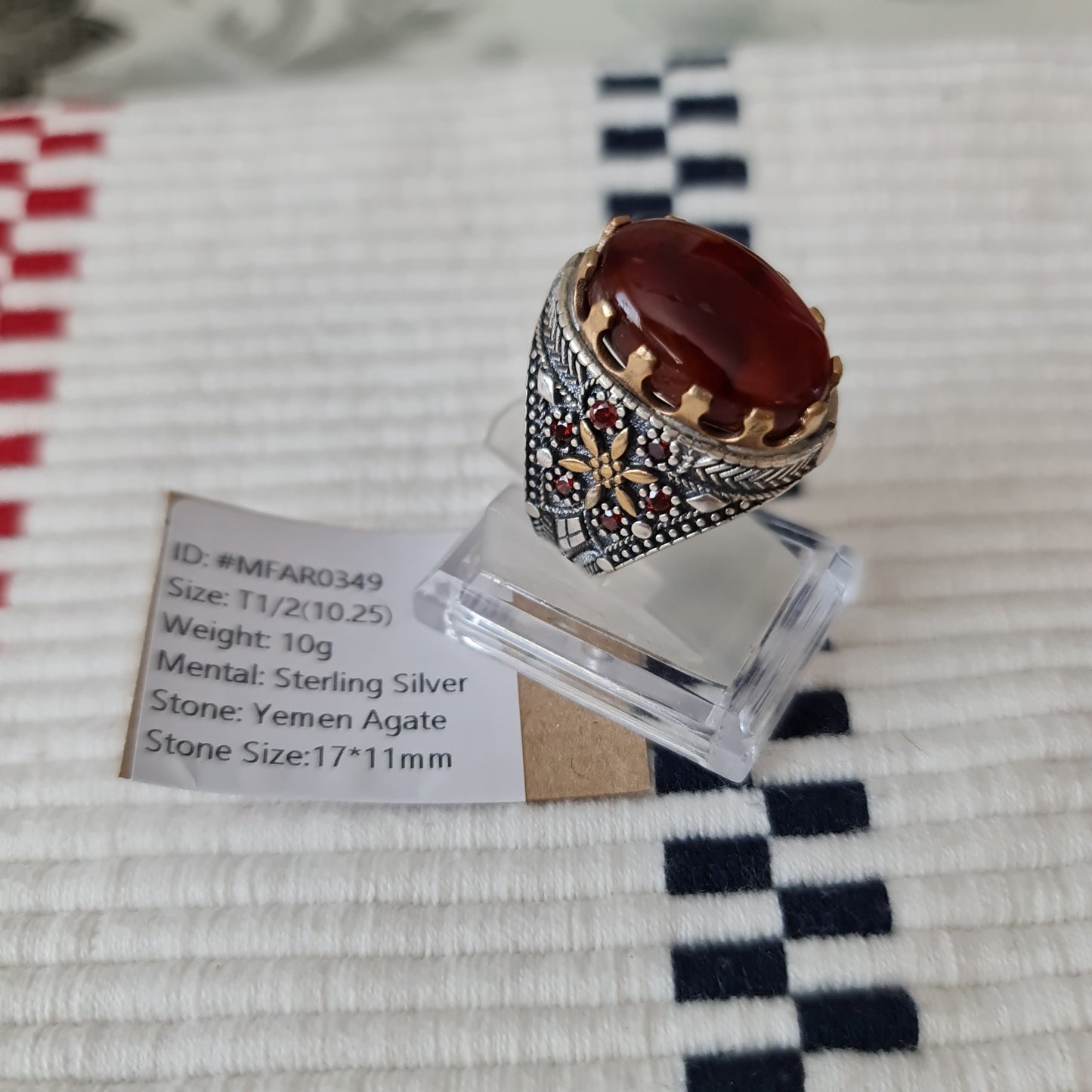 Yemeni Rare Genuine Agate 925 Silver Men's Ring MFAR0349