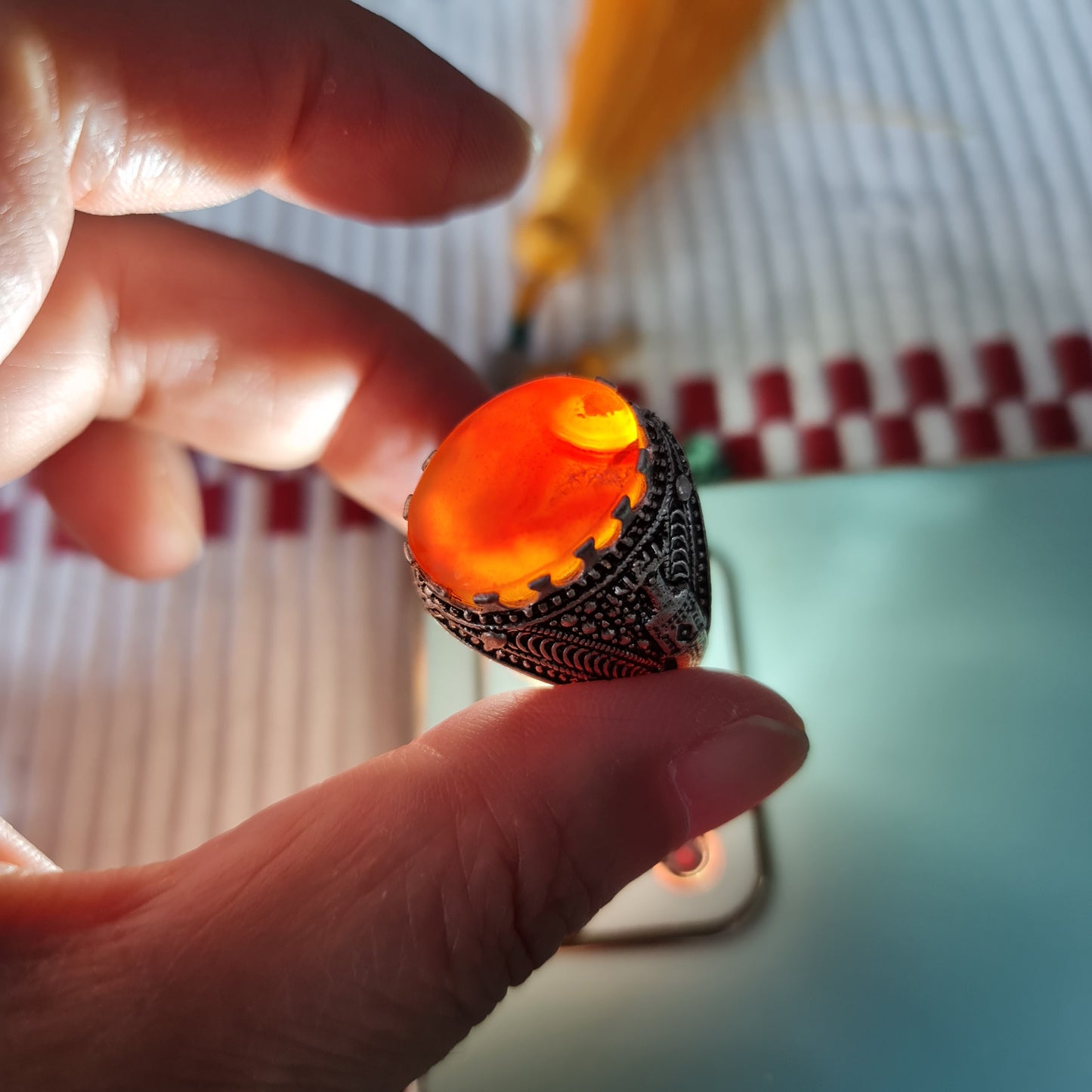 Yemeni Rare Genuine Agate 925 Silver Men's Ring MFAR0381