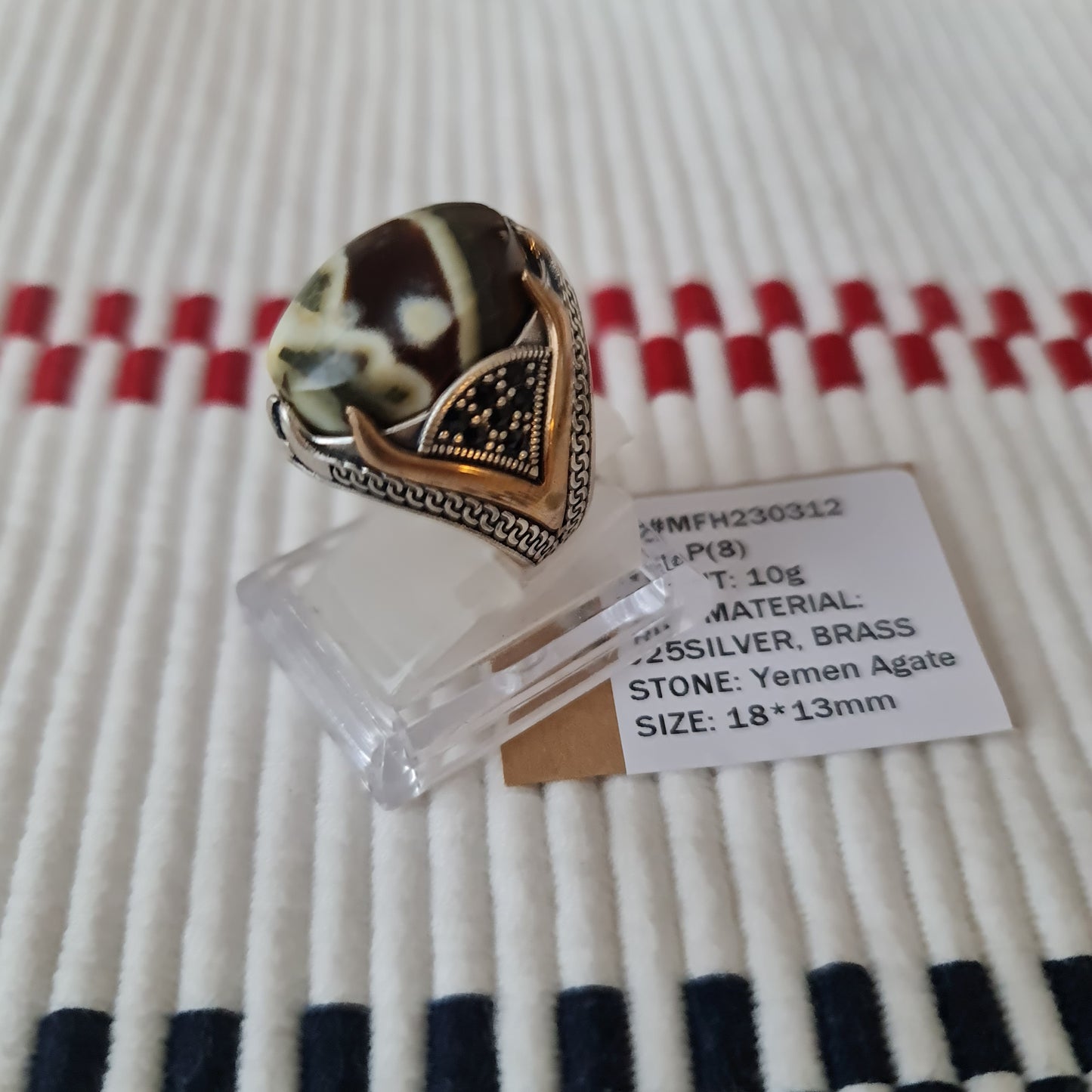Anillo yemení de ágata genuina de plata 925 para hombre MFH230312