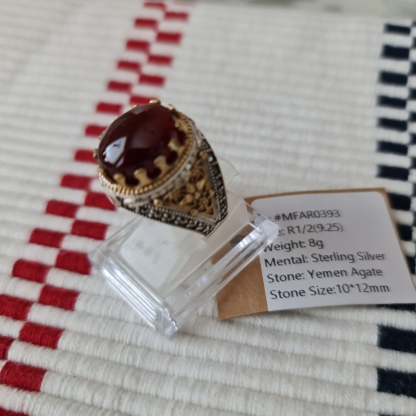 Yemeni Rare Genuine Agate 925 Silver Men's Ring MFAR0393