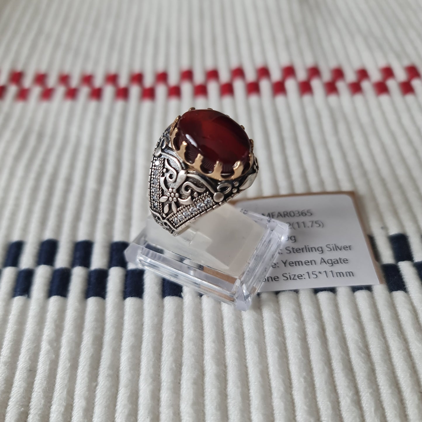 Yemeni Rare Genuine Agate 925 Silver Men's Ring MFAR0365
