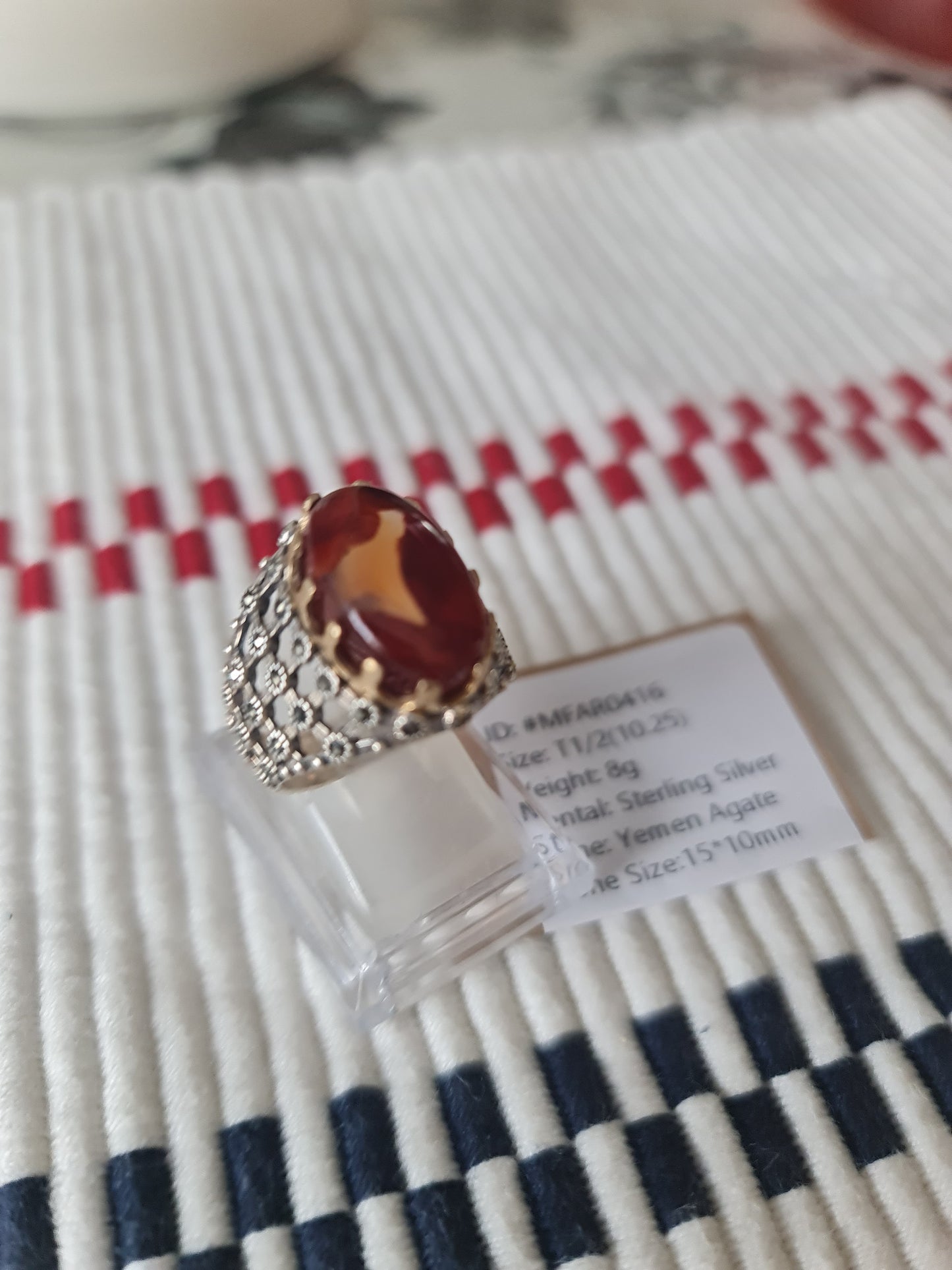 Yemeni Rare Genuine Agate 925 Silver Men's Ring MFAR0416