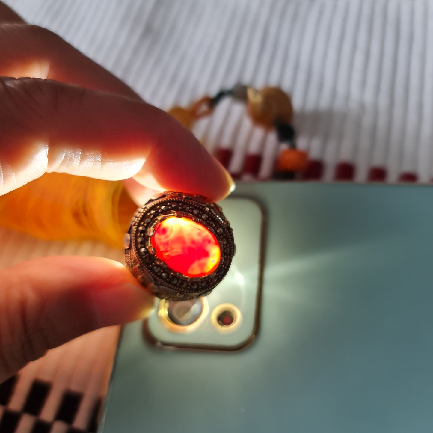 Yemeni Rare Genuine Agate 925 Silver Men's Ring MFAR0340