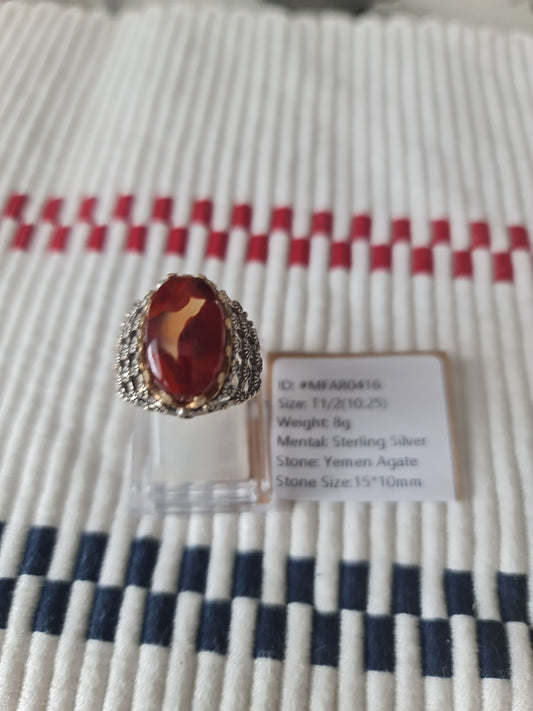 Yemeni Rare Genuine Agate 925 Silver Men's Ring MFAR0416
