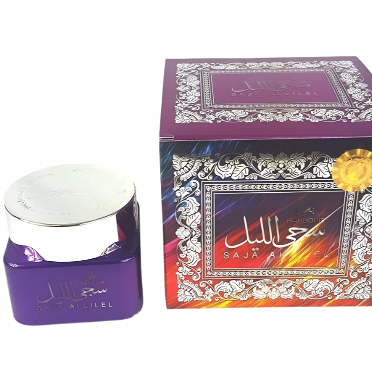 A box and container of Bakhour Saja Allilel incense with a purple and gold design, indicating it is a luxury product.