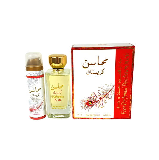 Mahasin Crystal Ladies 100ml Spray Perfume EDP + Deodorant by Lattafa - Arabian Shopping Zone