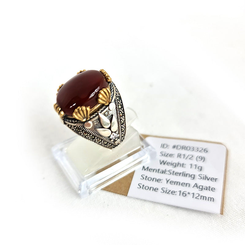 Anillo de plata 925 yemení de ágata genuina, raro para hombre, DR03326