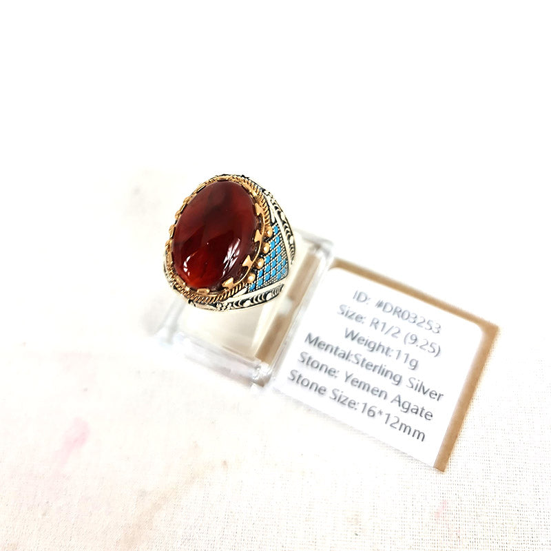 Yemeni Rare Genuine Agate 925 Silver Men's Ring DR03253