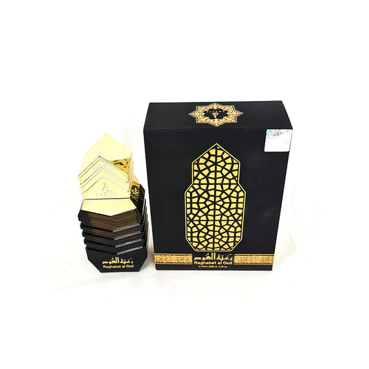A 100ml bottle of Raghabat Al OUD men's perfume EDP by Khalis Perfumes, with black and gold packaging.