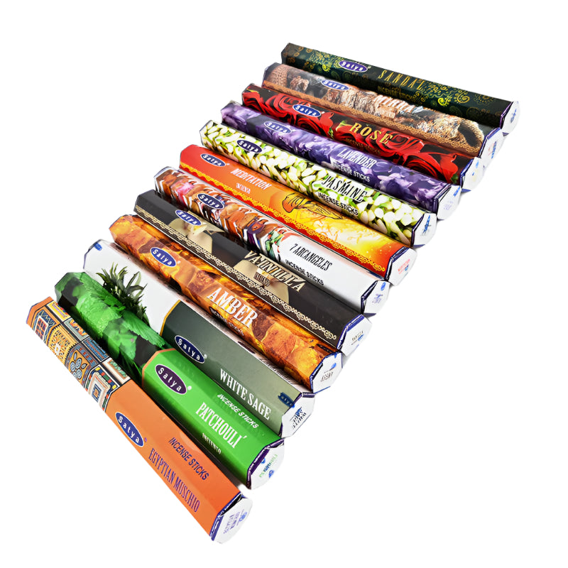 A box of Satya Incense Sticks with various colorful labels indicating different fragrances.