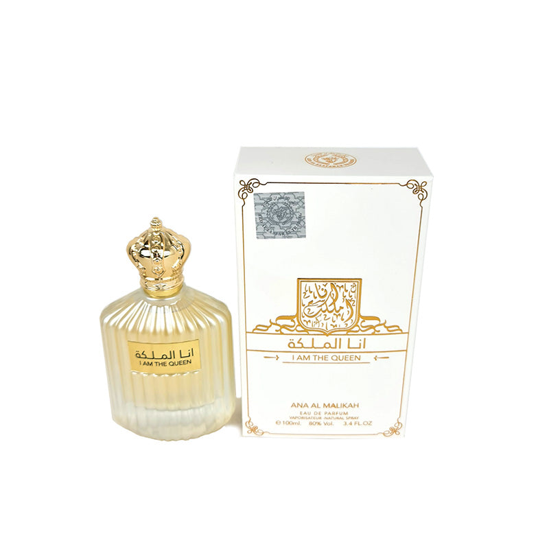 Ana AL Malikah I am the Queen EDP bottle and boxed packaging with branding and decorative elements.