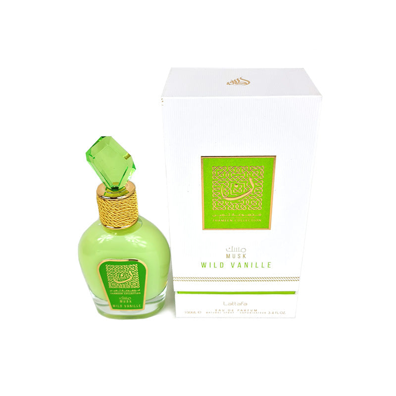 A bottle of Lattafa Parfum Thameen Wild Vanille EDP with a green cap, next to its white packaging box.