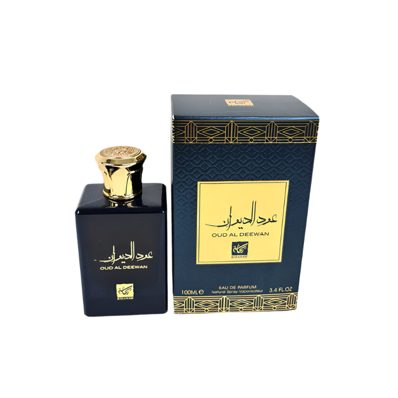 A bottle of Oud AL Deewan Unisex 100ml EDP by Rihanah next to its packaged box, both featuring a dark color scheme with gold accents.