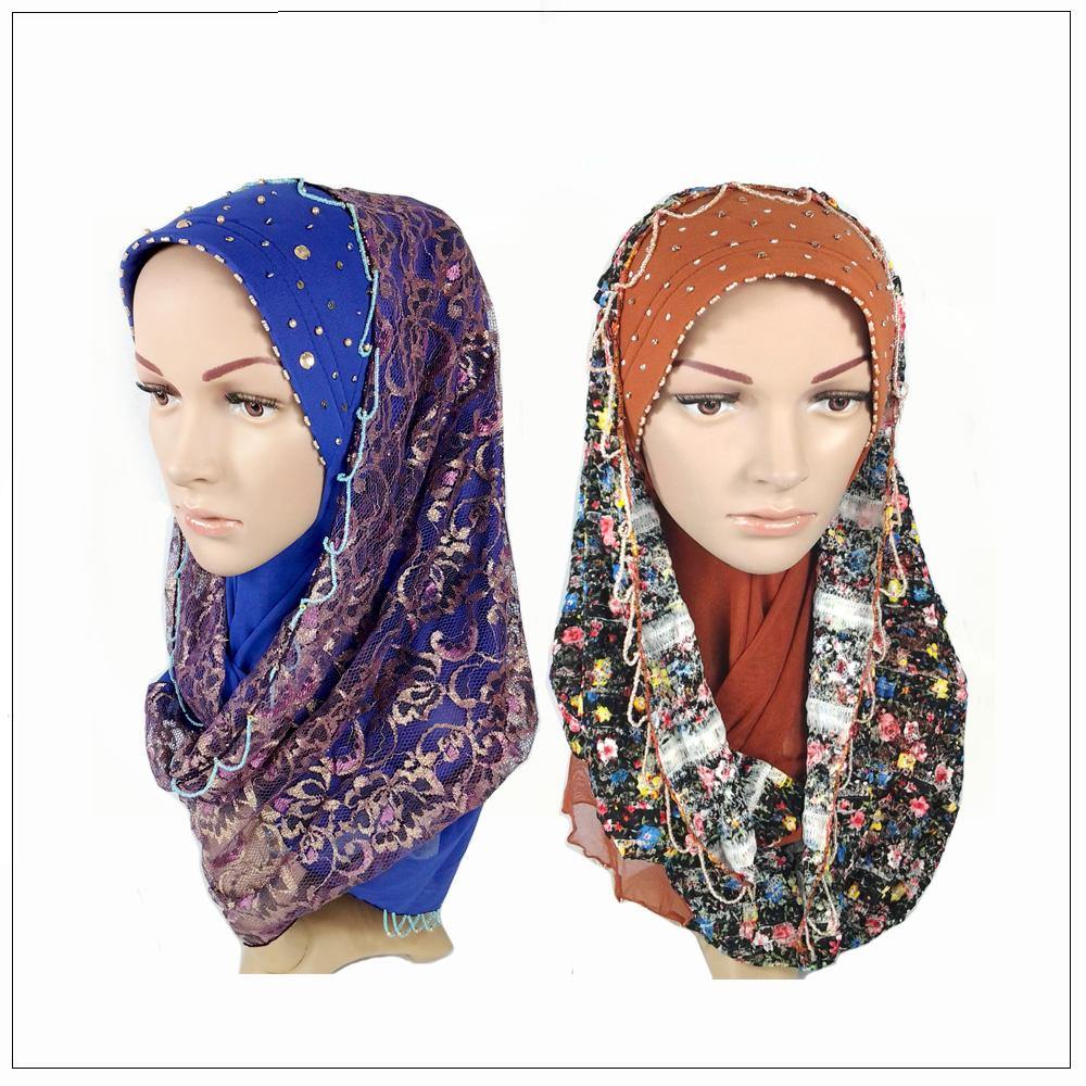 New Lace NET Yarn RhineStone Elegant Loop Hijab Islamic Headwear Scarf Shawls - Arabian Shopping Zone
