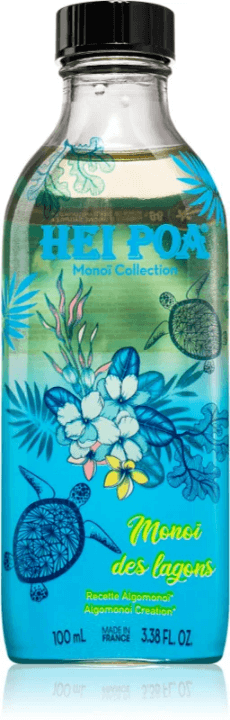 Hei Poa Tahiti Monoi Oil Lagoon bottle with tropical design and coconut oil for moisturizing skin and hair care.