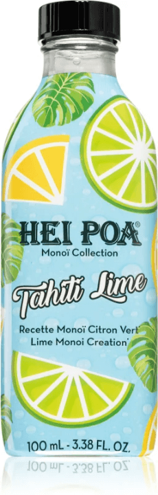 Bottle of Hei Poa Tahiti Monoi Oil Lime, 100ml, with vibrant lime design, for skin care and hair nourishment.