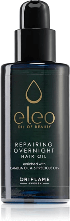 Oriflame Eleo Repairing Overnight Hair Oil bottle, enriched with camellia oil and six precious oils, oil of beauty.