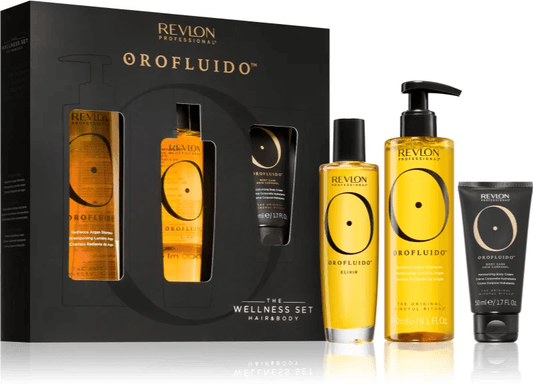 Orofluido The Wellness Set Hair & Body with nourishing hair oil, argan oil shampoo, and body cream in elegant packaging.