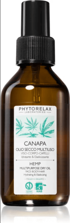 Phytorelax Laboratories Hemp multipurpose dry oil for face, body, and hair care in a brown bottle with black cap.