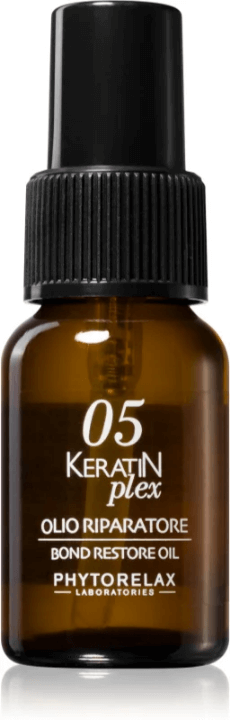 Phytorelax Laboratories Keratin Plex hair oil bottle for smooth, shiny, silky hair care and repair.