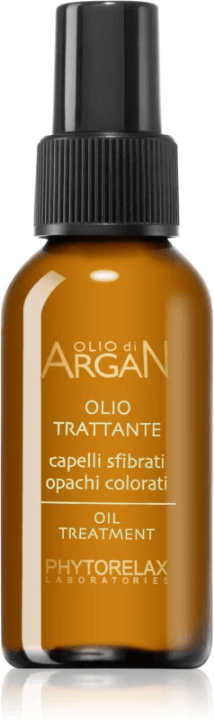 Phytorelax Laboratories Olio Di Argan oil treatment for damaged and colored hair in a brown spray bottle.