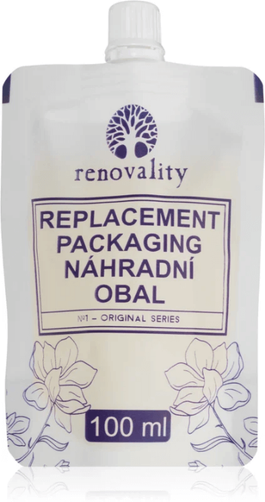 Renovality Original Series Replacement 100ml face oil packaging with floral design.