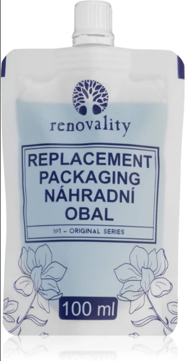 Renovality Original Series Replacement packaging for hair oil, 100ml, featuring floral design on a soft blue pouch.
